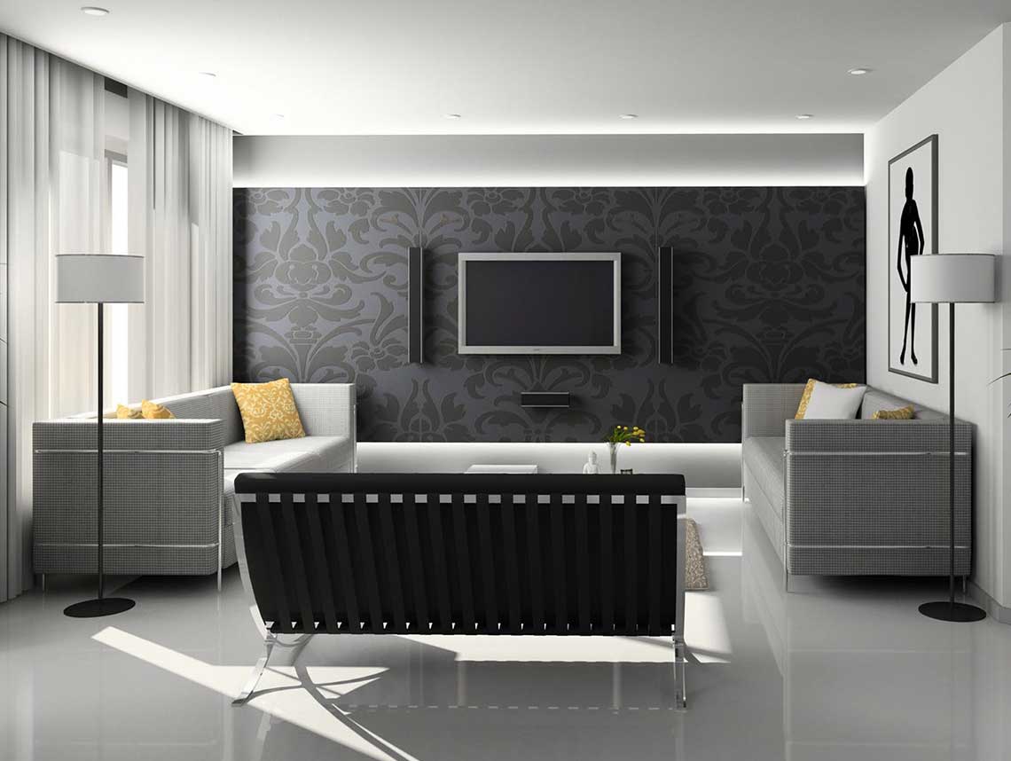 Living Room with Flat TV Screen on Wall Near Sofa Set