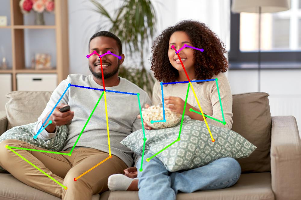 Couple enjoying Television where TV detects the pose called Ball/stick AI model.